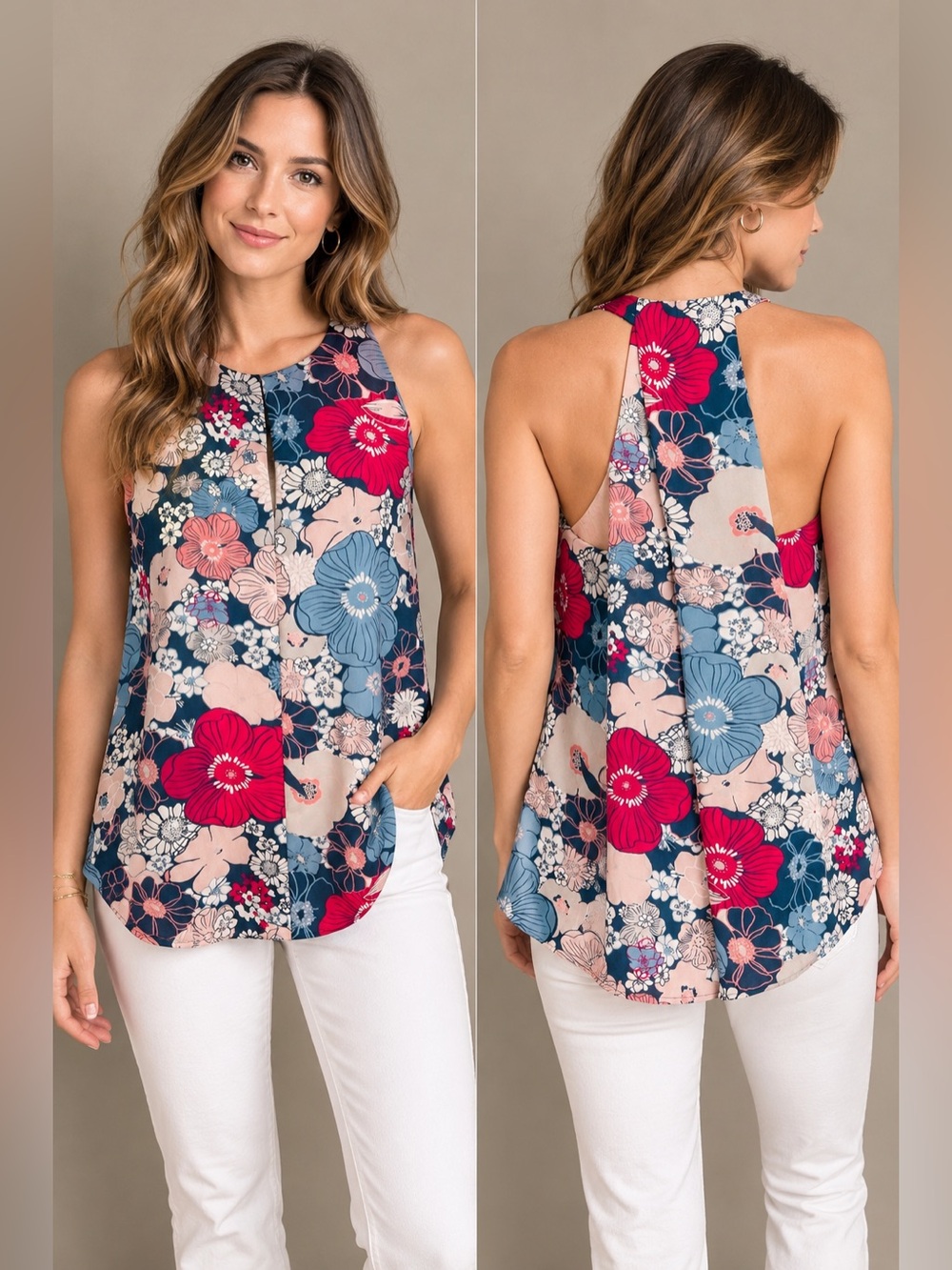 LOFT Floral Racerback Halter Tank - Navy, Pink & Cream